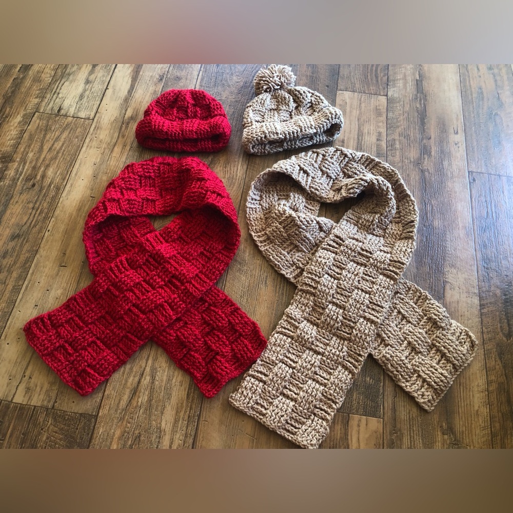 Handmade Knit Baby / Toddler Scarf And Hat, Red Tan Knitted Christmas Holiday